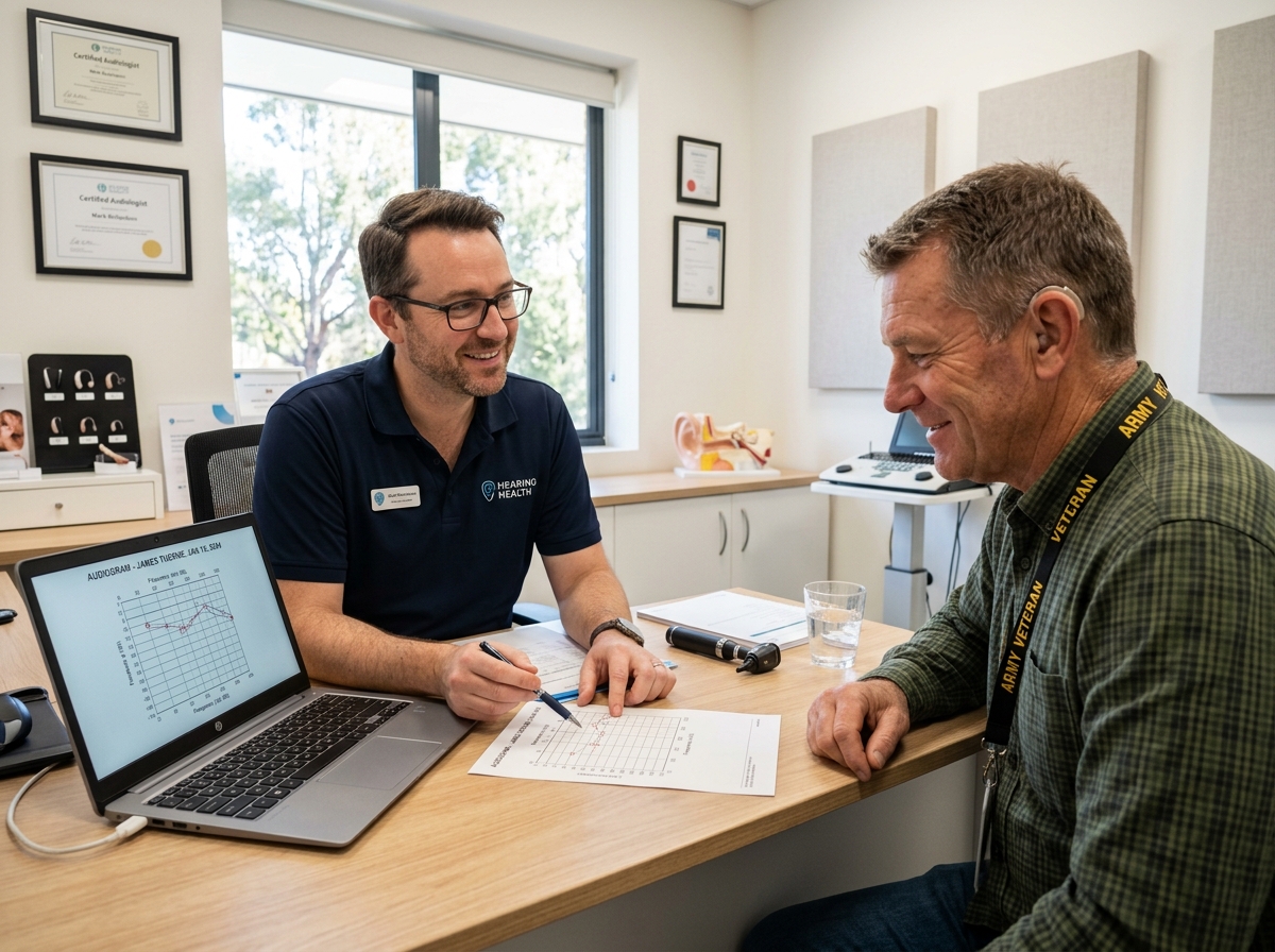 George Sebastian consulting with an adult worker and defence veteran