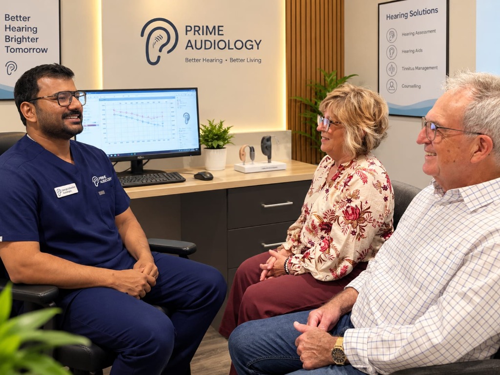 Audiologist George Sebastian explaining hearing assessment results to a couple at Prime Audiology